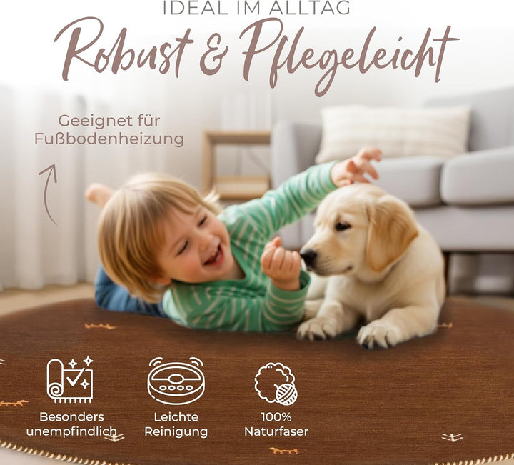 carpetfine Wollteppich Gabbeh Uni Rund Braun Ø 80 | Moderner Teppich für Wohn- und Schlafzimmer Ø 80