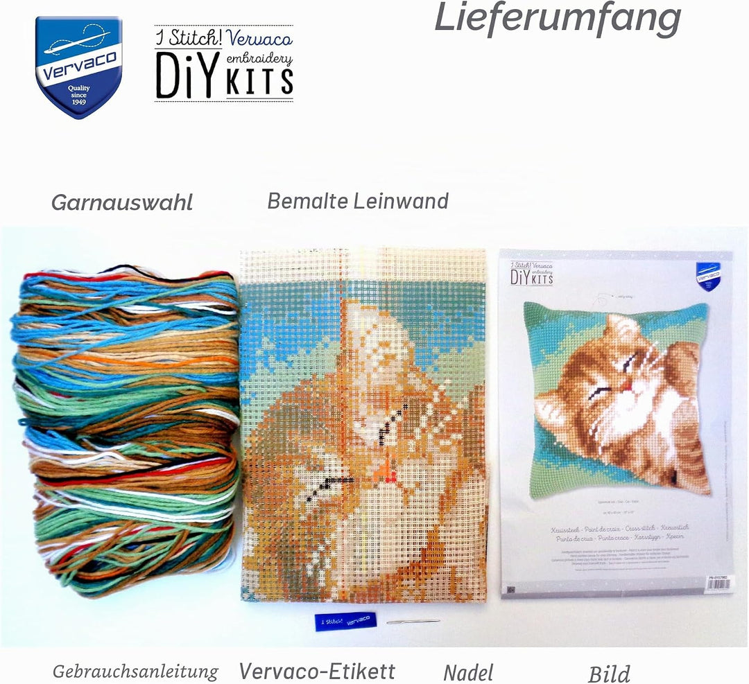 Vervaco Kreuzstichkissen Katze Kreuzstickpackung vorgedruckt, Aida, weiss, 40 x 40 x 0,3 cm