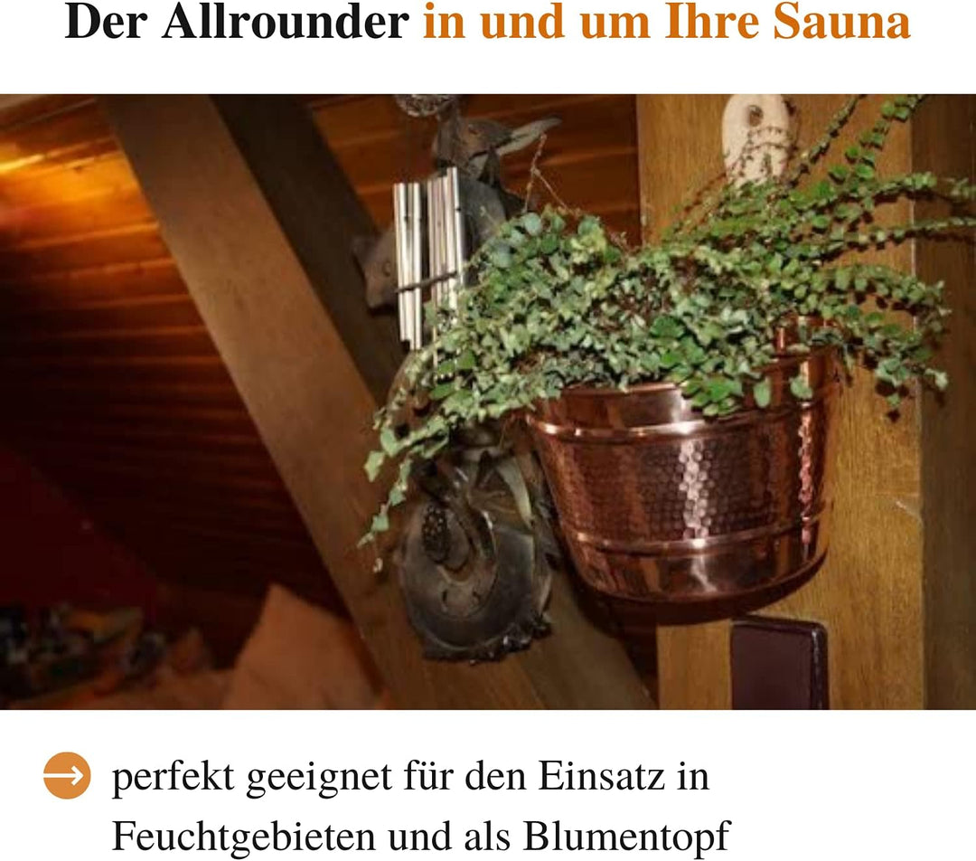 CopperGarden Saunaeimer aus blankem Kupfer I Schwalleimer mit Wandhalterung aus Holz I Handgeschmied