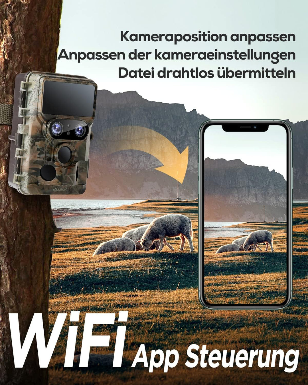 iZEEKER Wildkamera WLAN Duales Objektiv 4K 30fps 60MP, Wildtierkamera mit Sternenlicht Nachtsicht Be