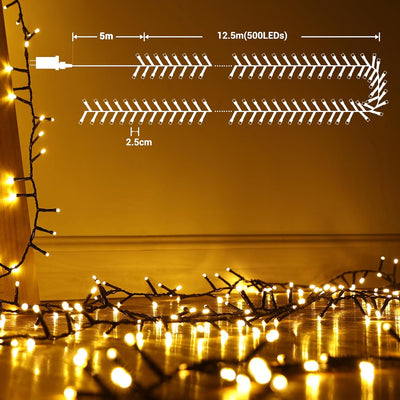 BrizLabs Weihnachtsbaum Lichterkette Aussen, 12.5M 500 LED Cluster Lichterkette Warmweiss Innen Stro