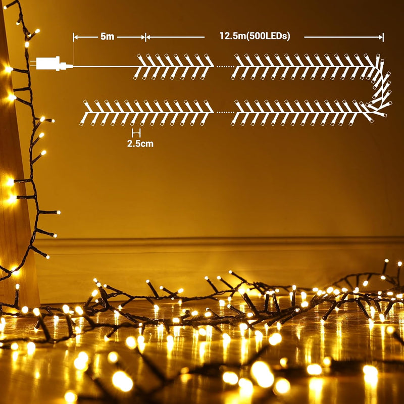 BrizLabs Weihnachtsbaum Lichterkette Aussen, 12.5M 500 LED Cluster Lichterkette Warmweiss Innen Stro