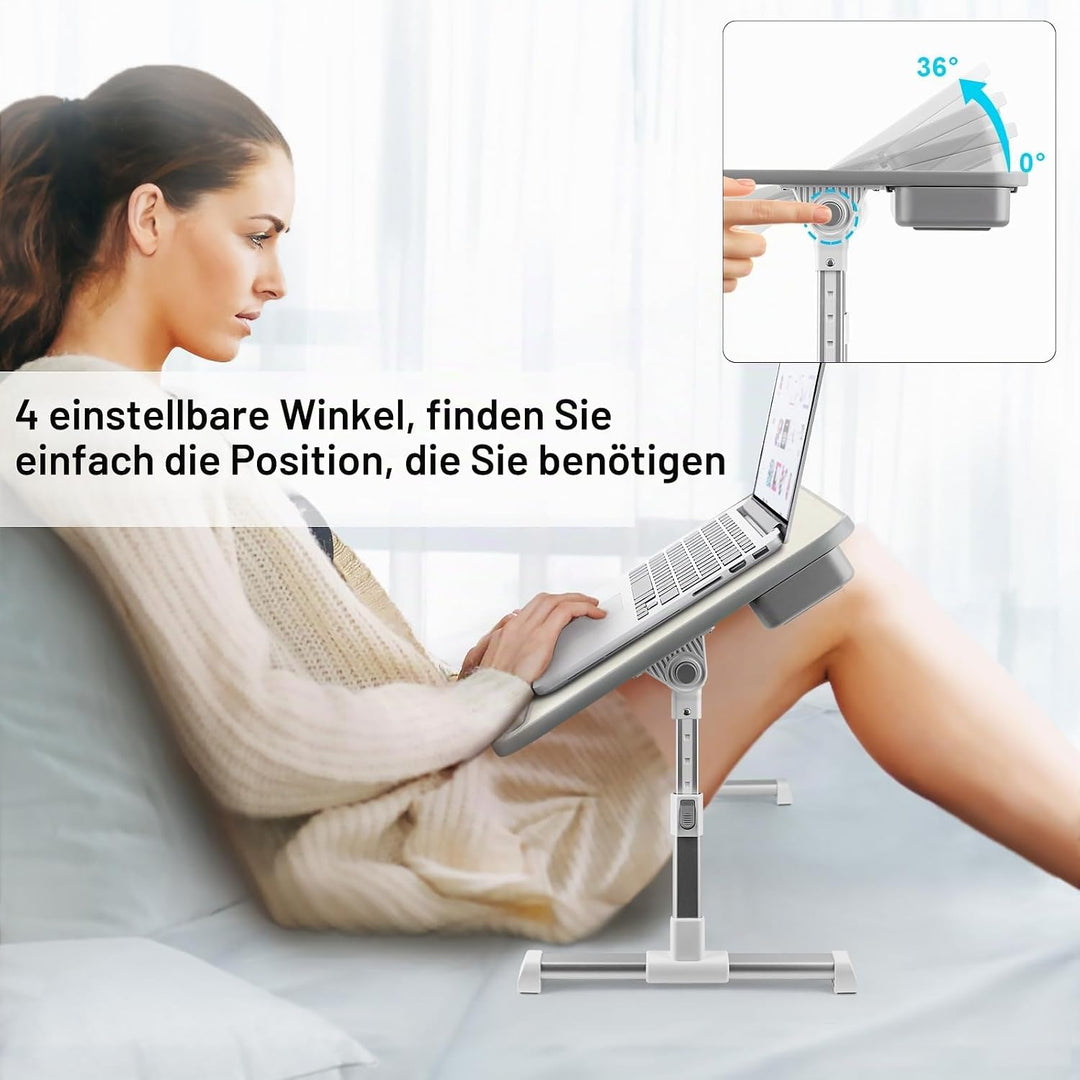 Laptoptisch fürs Bett, Höhenverstellbar, Winkelverstellbar, Betttisch Klappbar mit Laptop Kühler, Sc