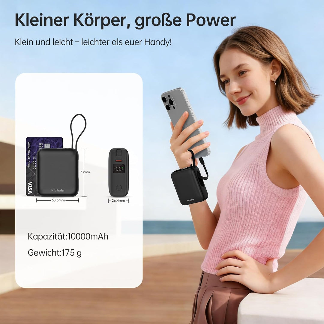 Hichain Power Bank Klein, 10000mAh 22,5W Powerbank USB C Schnellladen mit Integriertem USB-C Kabel,