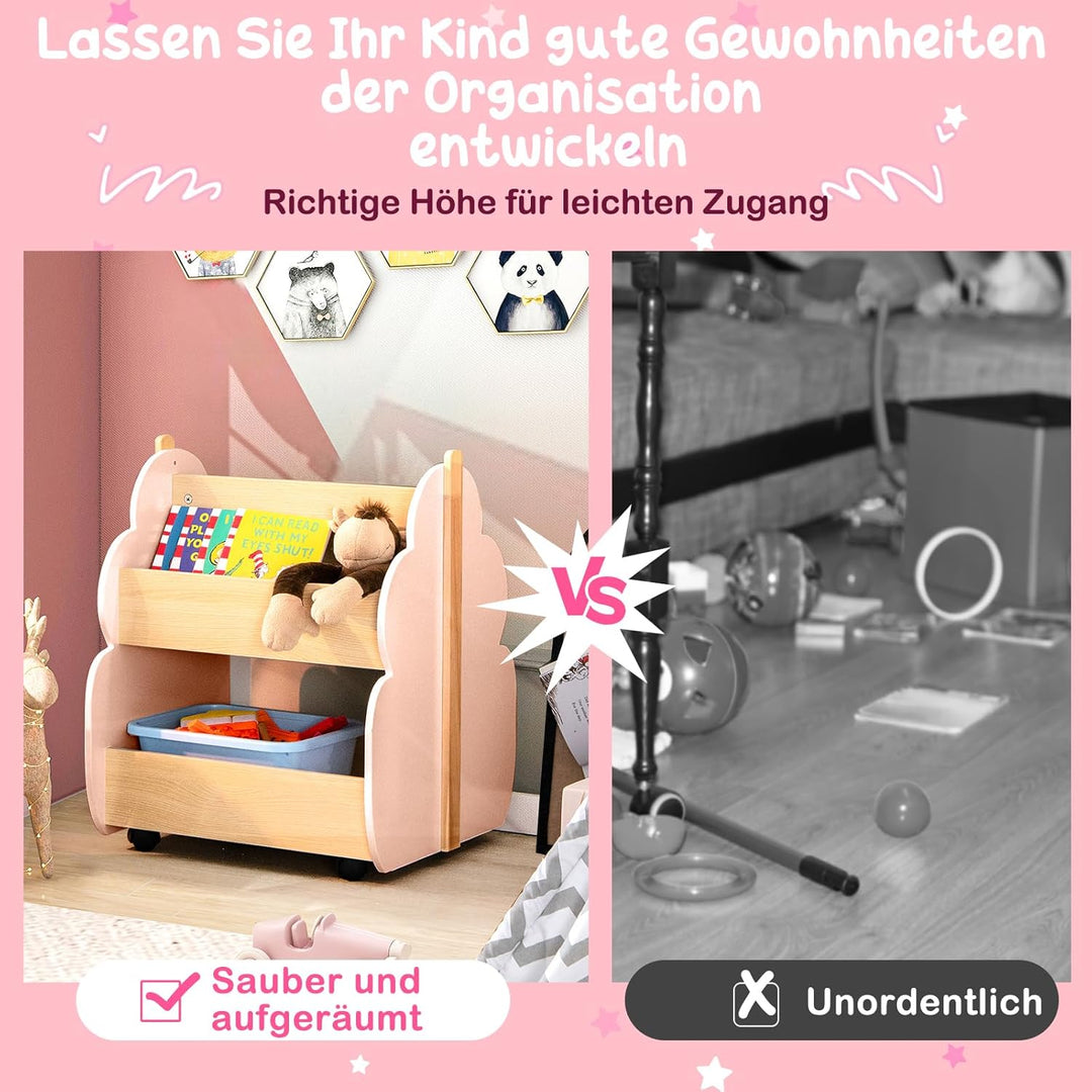 COSTWAY Kinder Bücherregal auf Rollen, 2 Ebenen Spielzeugregal aus Holz, 52 x 46 x 62,5 cm (Rosa), R