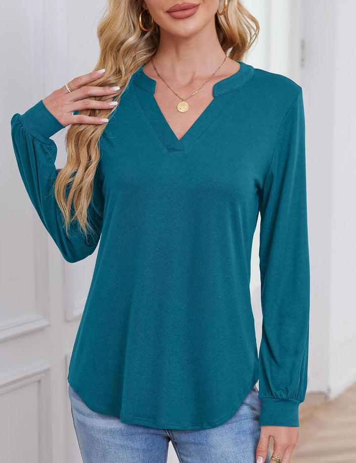 Beluring Langarmshirt Damen Elegant V Ausschnitt Tunika Bluse Einfarbig T-Shirt S Seeblau, S Seeblau
