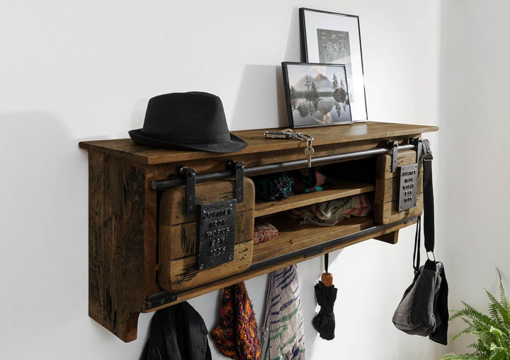 MASSIVMOEBEL24.DE | Railway- Massive Wandgarderobe | braun geölt | aus Mangoholz | offen mit Schiebe