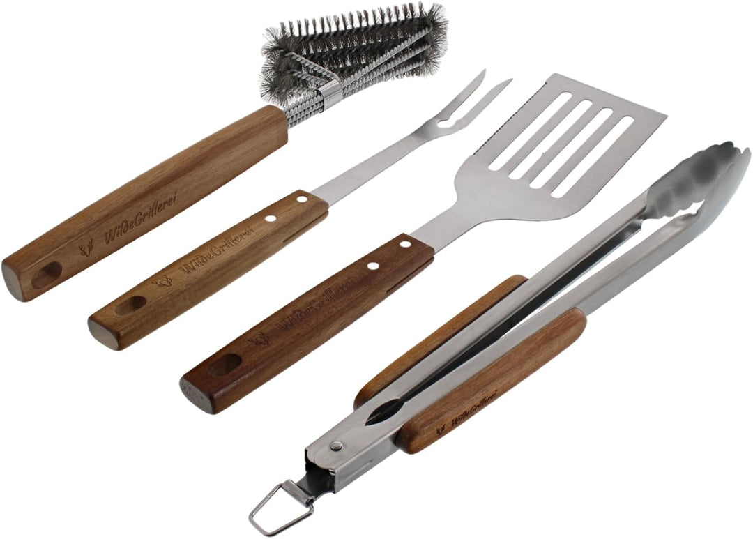 Grillbesteck Set 4-teilig aus Edelstahl Grill-Set 42 cm mit Holzgriffen und Aufhänge-Ösen Grillzubeh