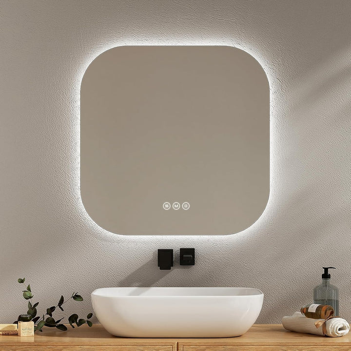 EMKE Badspiegel mit Beleuchtung 60x60cm mit 3 Lichtfarbe Dimmbar, Antibeschlag, Touchschalter, Speic
