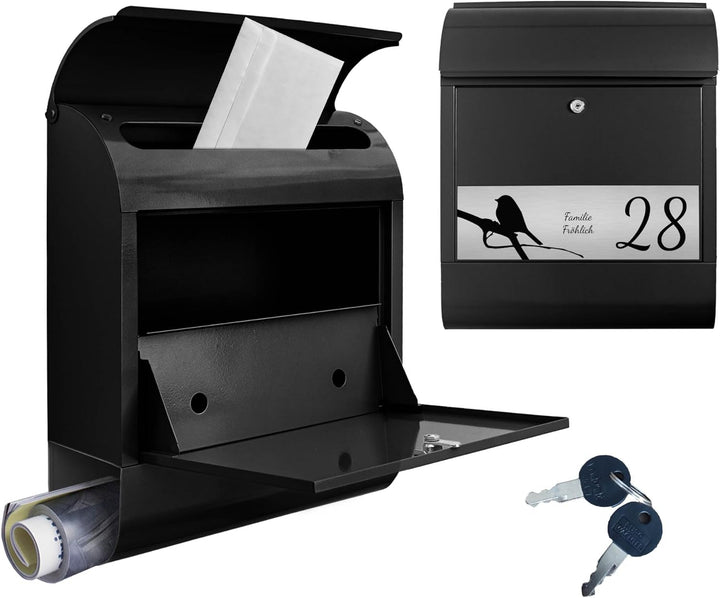 banjado® Briefkasten personalisiert mit graviertem Namensschild in Silber/Briefkasten schwarz 39x47x