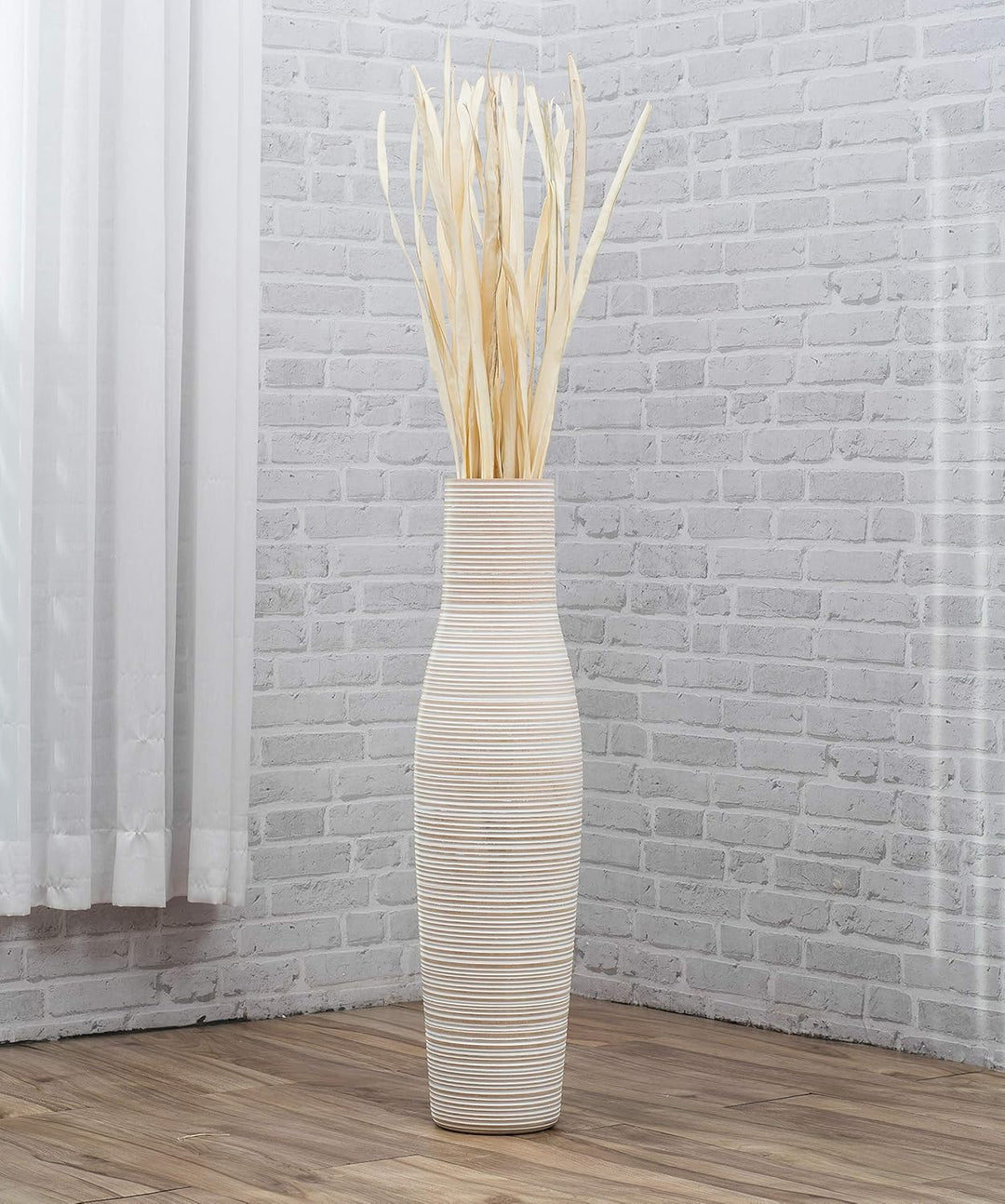 Leewadee Grosse Bodenvase für Dekozweige hohe Standvase Design Holzvase, Holz, 70 cm, White Wash 70