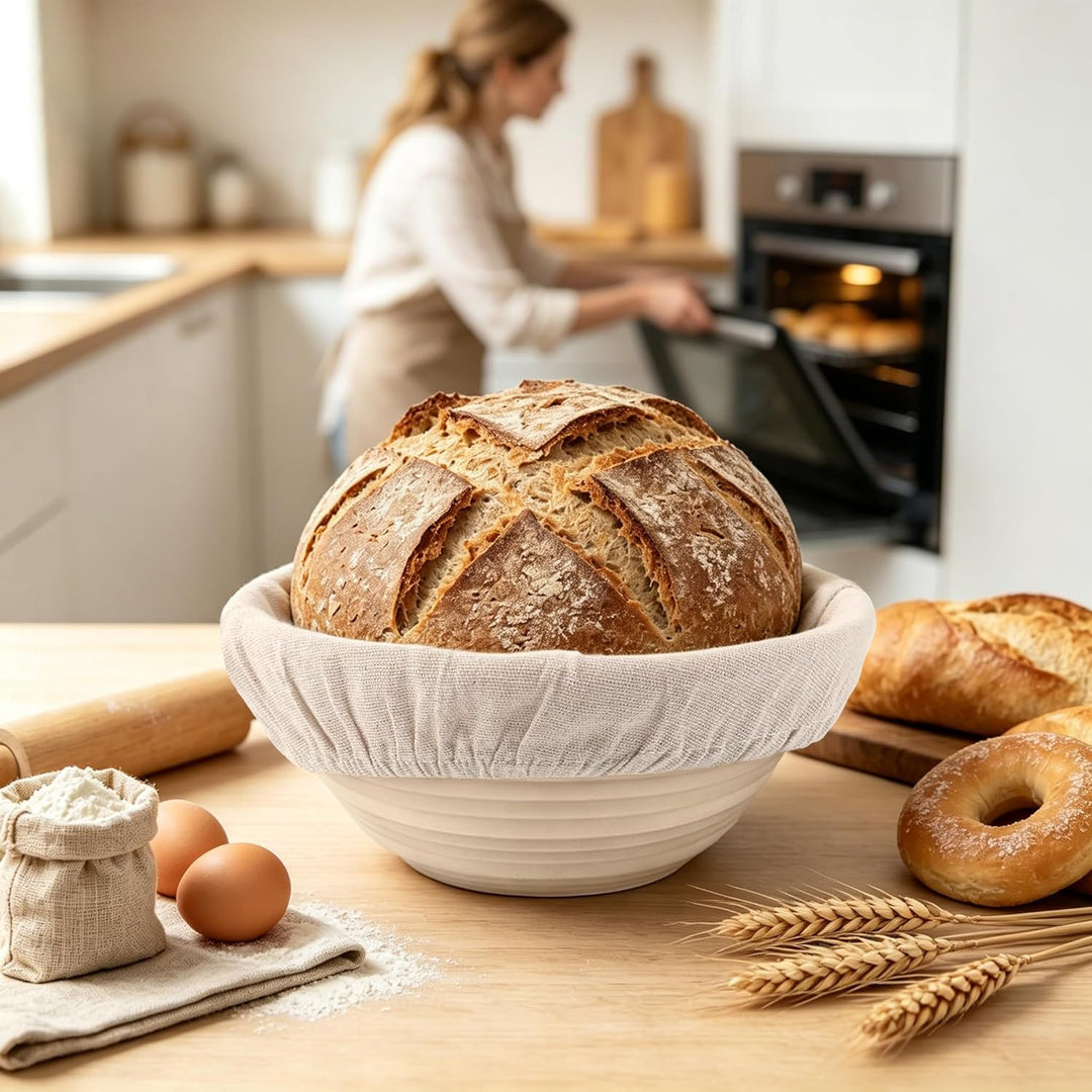 Gärkörbchen Rund, 23cm Gärkorb Set Silikon Proofing Basket Brotkörbchen Brotform mit Leinen, Schaber