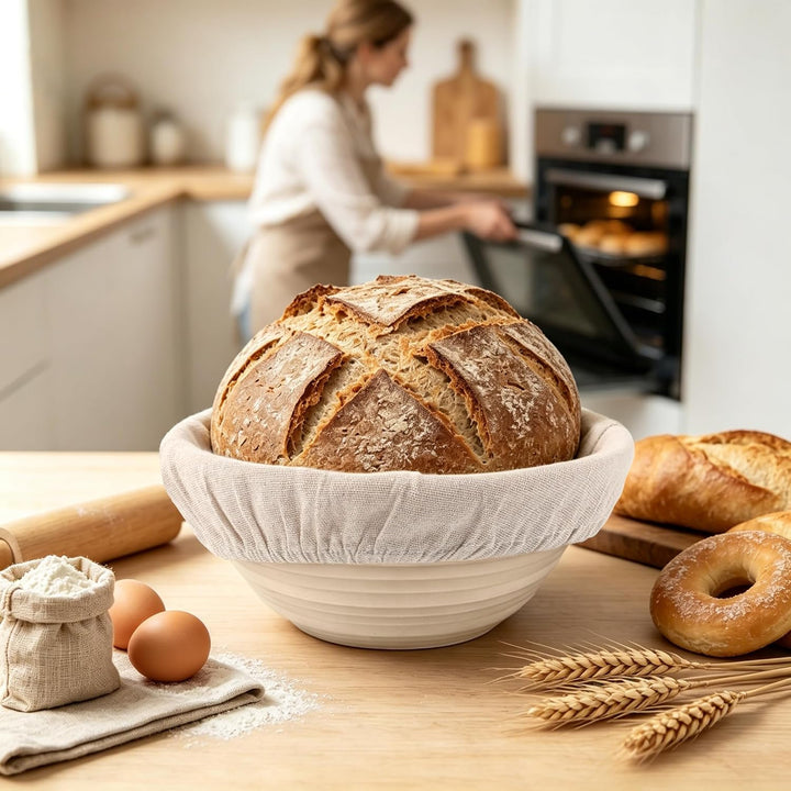 Gärkörbchen Rund, 23cm Gärkorb Set Silikon Proofing Basket Brotkörbchen Brotform mit Leinen, Schaber