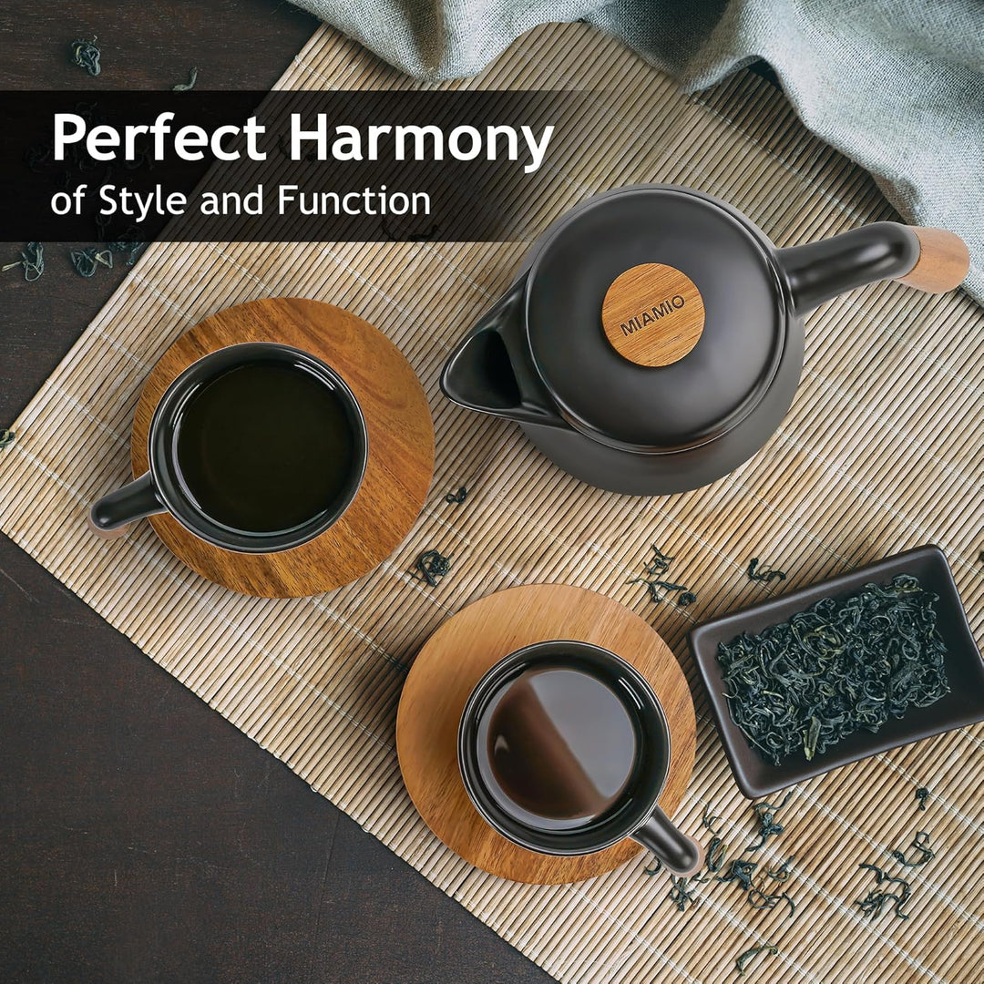 MIAMIO - 1 Liter Keramik-Teekanne-Set mit Siebeinsatz und Tassen/Teesieb, 4 Keramik-Teetassen (300 m