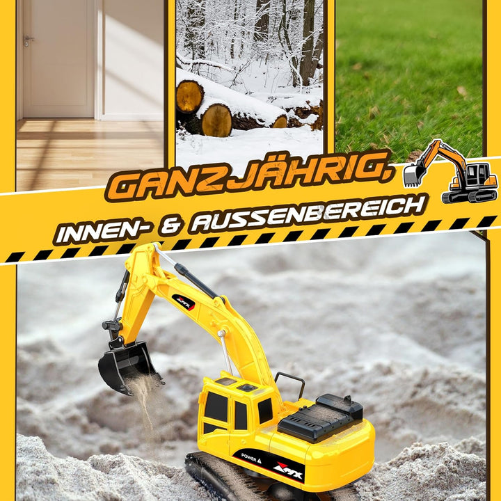 HappyGoLucky Ferngesteuertes Auto Bagger mit Verkehrsspielzeug Zubehör, 2.4Ghz RC Bagger Spielzeug a