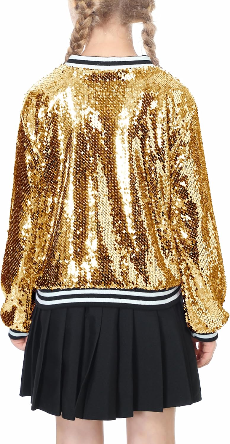 LOLANTA Mädchen Pailletten Bomberjacke mit Taschen Reissverschluss Langarm Glitzer Baseball Jacken f
