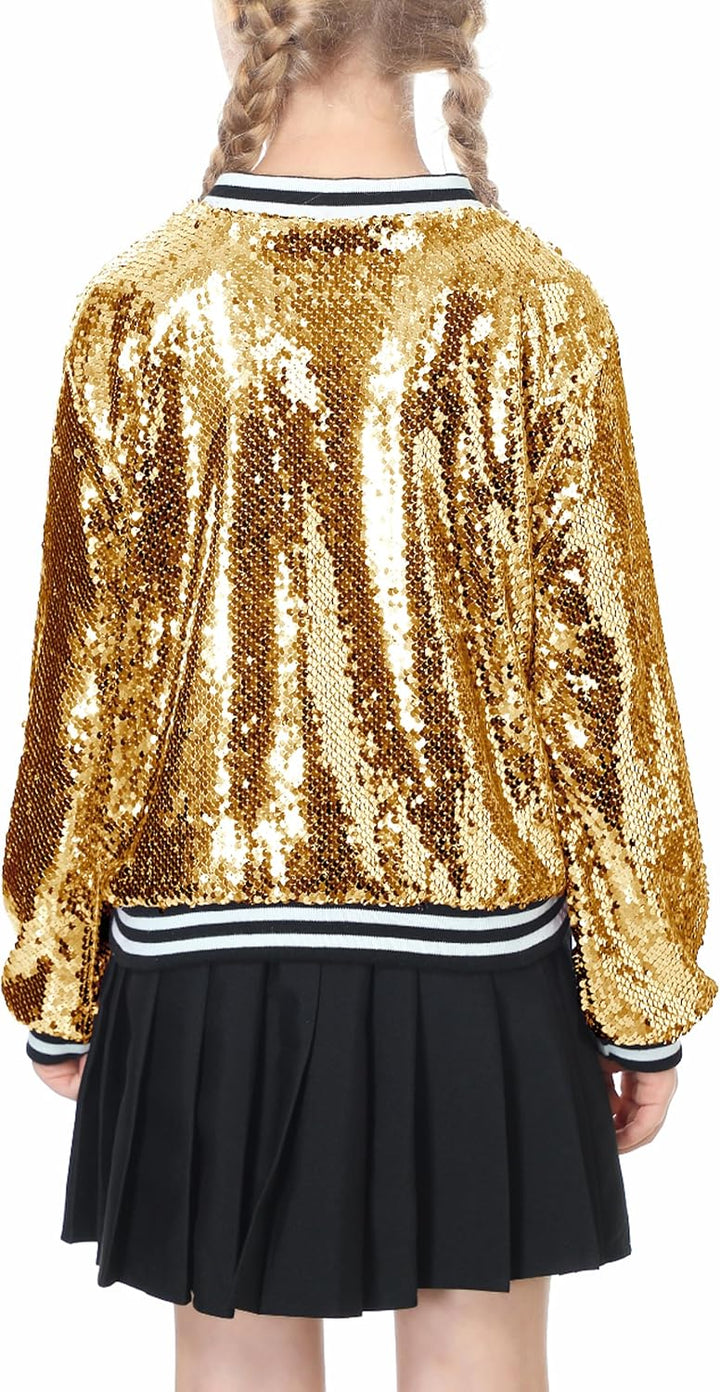 LOLANTA Mädchen Pailletten Bomberjacke mit Taschen Reissverschluss Langarm Glitzer Baseball Jacken f