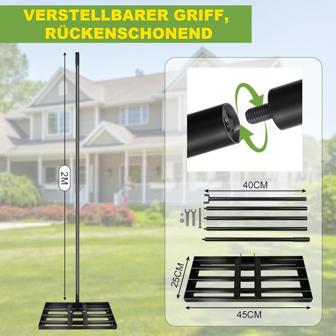 Rasenrechen 45x25cm mit 2m Verstellbarem Griff & Drehsteckersystem , Handlicher Arbeitssparendes Ras