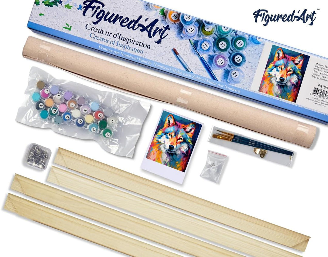 Figured'Art Malen Nach Zahlen Erwachsene Mit Rahmen Wolf Farbenfroh Abstrakt - Paint by Numbers Bast