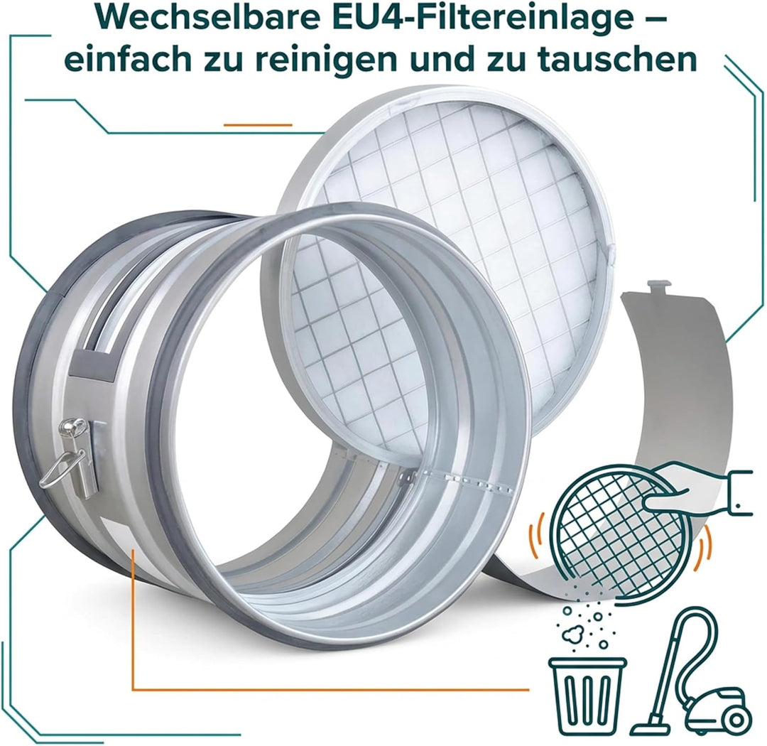 Easy Act Grobstaubfilter rund Ø 100 mm für Zuluft, Rohrfilter aus verzinktem Stahl zur Grobpartikel-