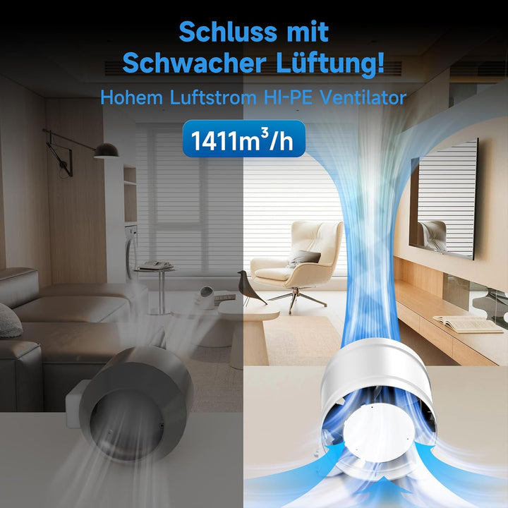 Hon&Guan HI-PE Rohrventilator 200mm Super Luftmenge 1411m³/h Energieeinsparung EC-Motor Geräuscharm