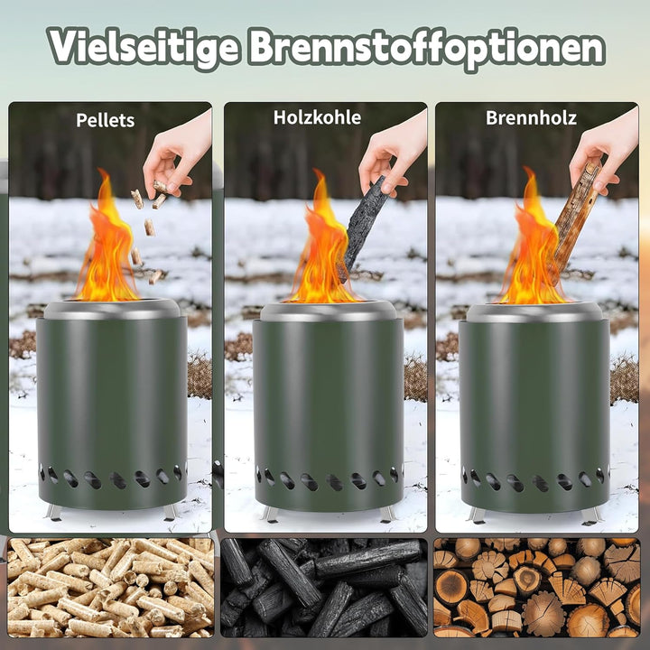Rauchfreie Feuerstelle für Camping, Edelstahl Tischkamin, Tragbare Mini Feuertonne 14cm ⊘ * 20cm H B