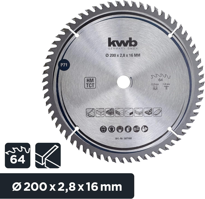kwb Kreissägeblatt 200 x 16 mm, sehr feiner Schnitt, Sägeblatt geeignet für Arbeitsplatten, Holz und