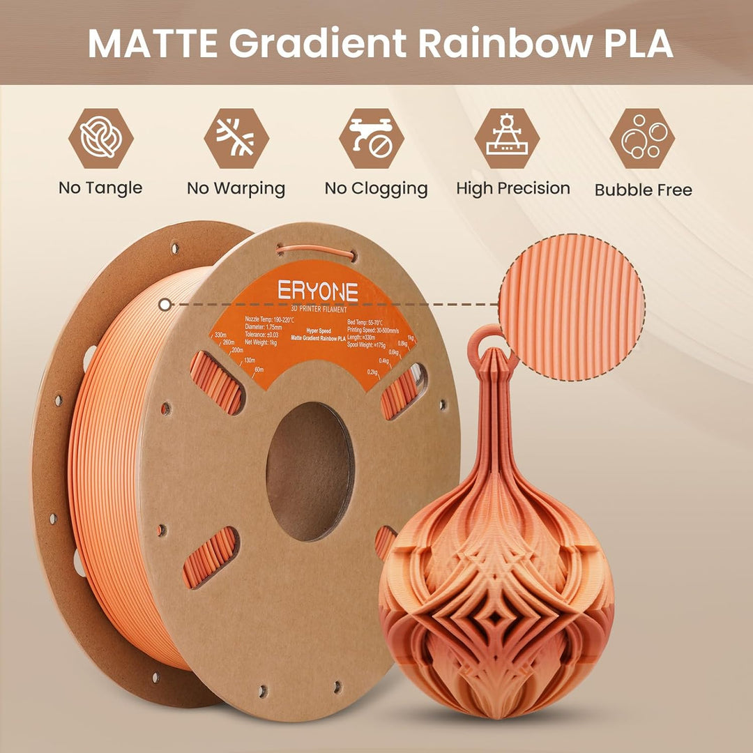 ERYONE Matte PLA 3D Drucker Filament 1.75mm, Matte Gradient Rainbow PLA, Massgenauigkeit +/- 0.03 mm