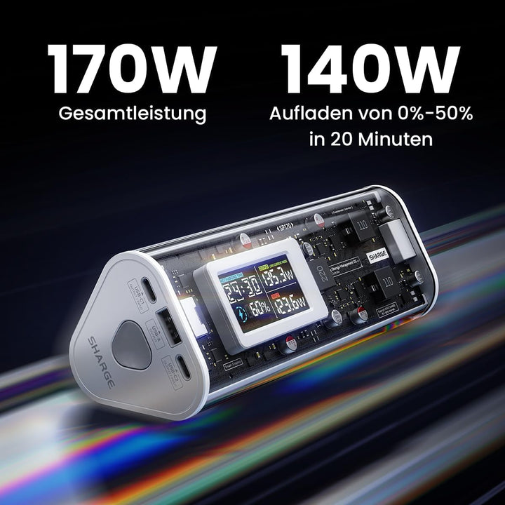 SHARGEEK 170 Powerbank USB C, Ladegerät Tragbar 24000mAh mit Smart Display, Akkupack Transparenter W
