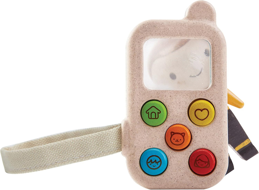 PlanToys Mein erstes Handy - Kinder Handy aus Holz - Kindertelefon mit Lupenbildschirm - mit Handsch