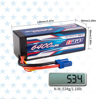 SIGP 4S 14.8V Lipo Battery 6400mAh 100C Hard Case with Deans EC5 Plug for RC Car Truck Boat Vehicles