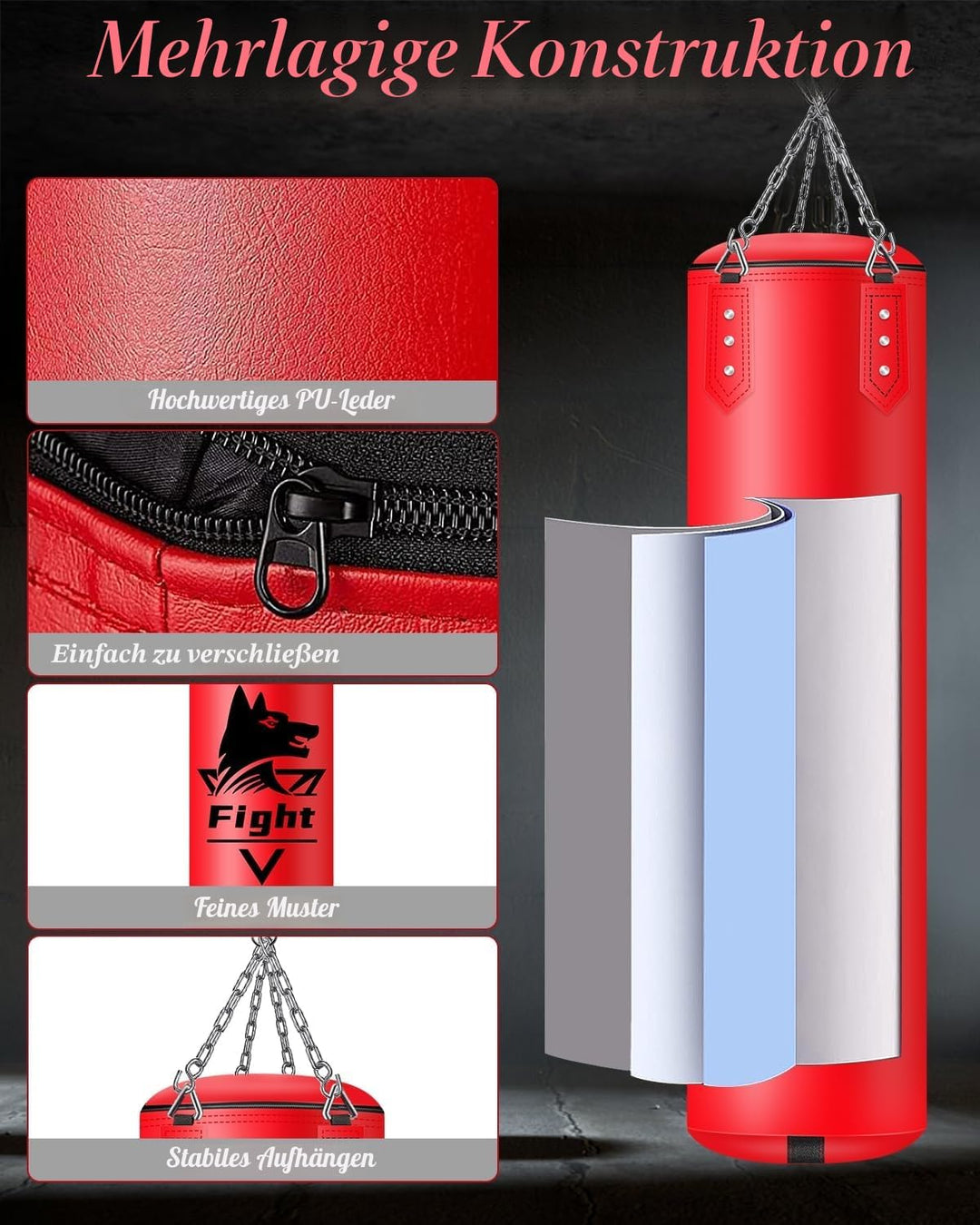 Hängendes Boxsack Set Ungefüllt für Erwachsene- Mikrofaser Leder Boxsack mit Komplett Zubehör, Stabi