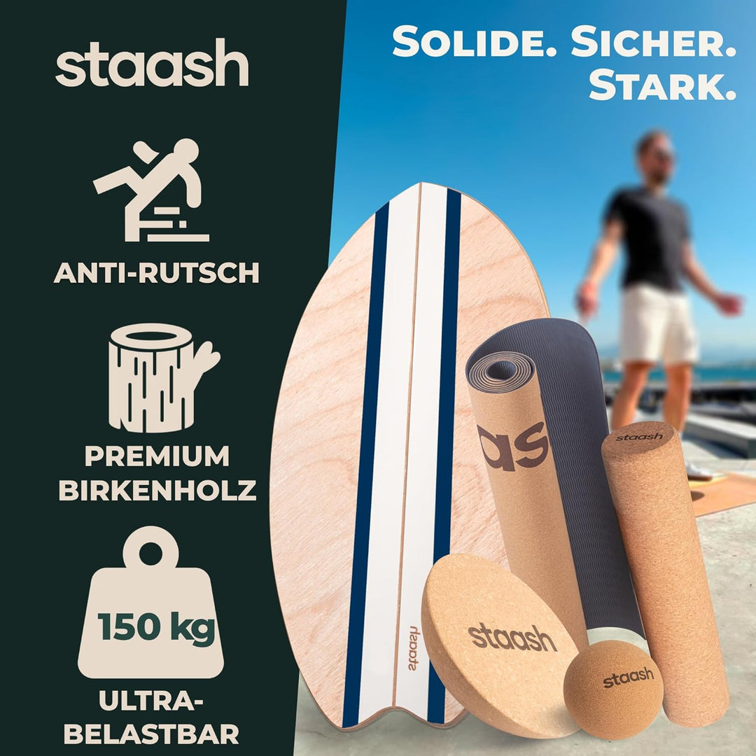 STAASH® Balance Board Holz – Pro Gleichgewichtstrainer inkl. Schutzmatte, Rolle, Halbkugel, Korkball