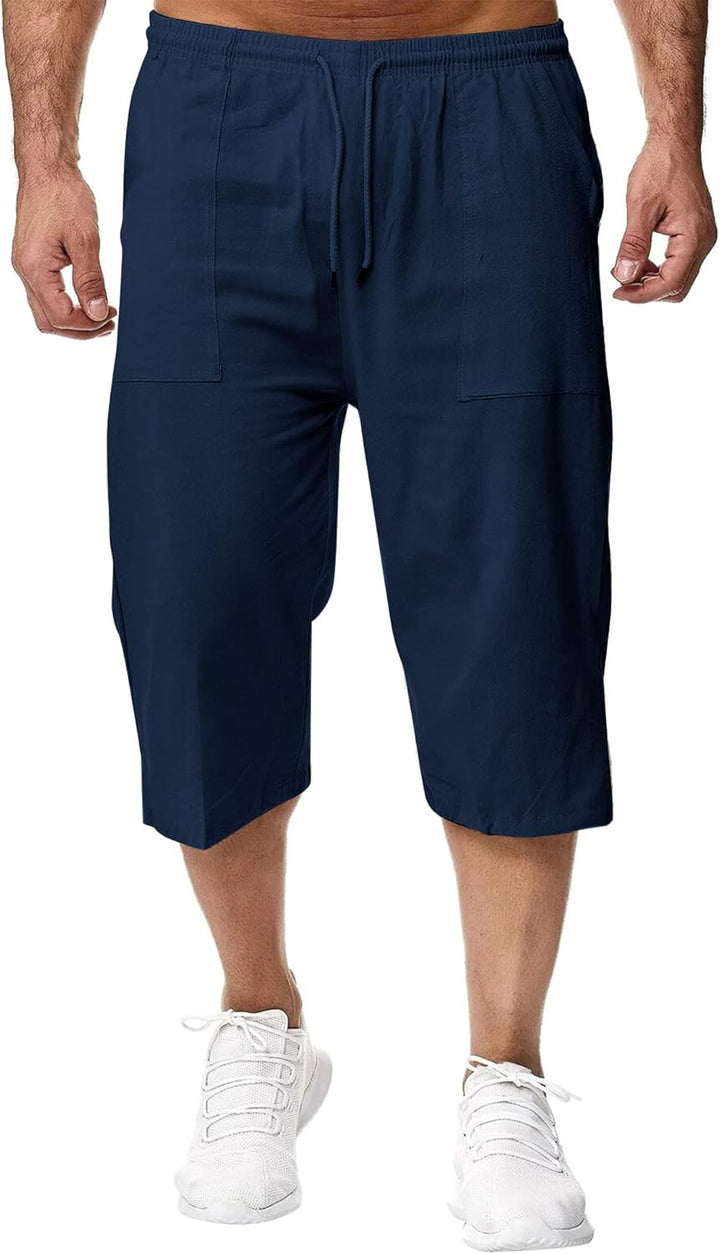 Herren Leinen-Shorts 3/4 Länge Hosen Sommerhose Strand Yoga Jogger Casual Sweatpants Dunkelblau S, D