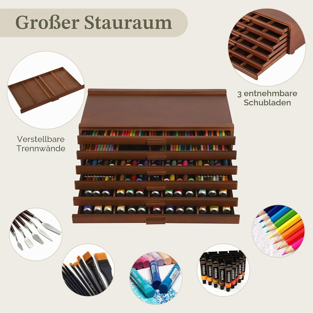 VISWIN 6-Schublade Holz Künstler Supply Storage Box mit abnehmbaren Trennwänden, Premium Buche Holz