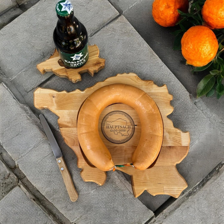Saarlandbrett als Frühstücksbrettchen aus Holz, Legendärer Lyoner Style, für Saarländer, Lusitge Ges