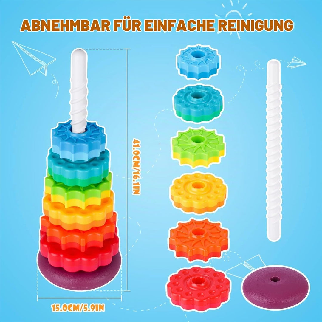 41cm Stapelturm mit Drehfunktion, Regenbogen-Stapelringe Spielzeug für Kinder, Zweifarbige drehende