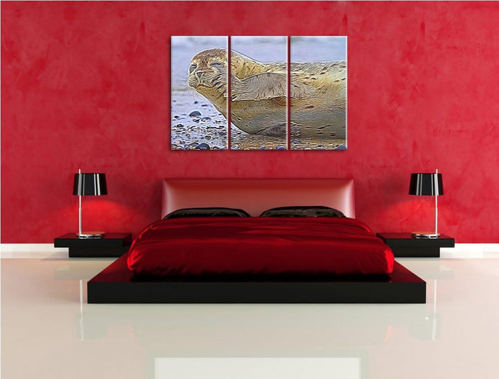 süsse Robbe beim Putzen NewArt 3-Teiler Leinwandbild 120x80 Bild auf Leinwand, XXL riesige Bilder fe