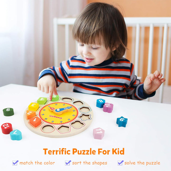 Coogam Lernuhr Holz Montessori Spielzeug mit 12 Steck-Formen Sortierung - Anzahl Blöcke Puzzle Stape
