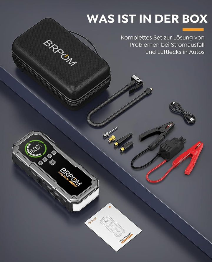 BRPOM Starthilfe Powerbank 8000A, Auto Starthilfe mit Kompressor 160PSI, 26800mAh Batteriestarter fü