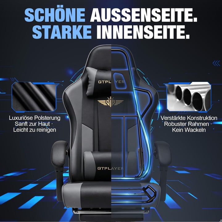 GTPLAYER Gaming Stuhl Chair Gamer Sessel - Ergonomischer Gamer Stuhl mit Fussstütze Kopfstütze und L