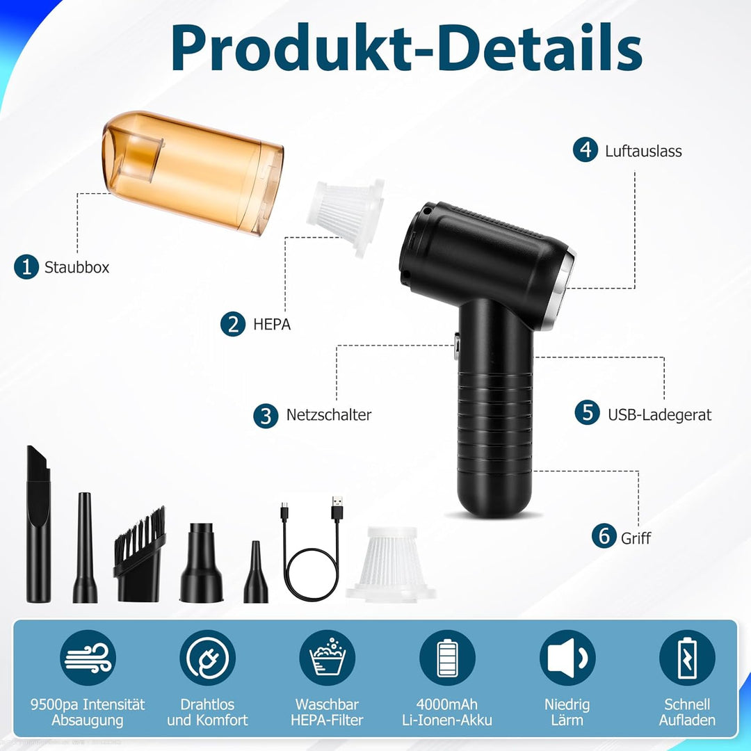 Handstaubsauger Akku 9500pa Kabellos Mini Autostaubsauger USB Aufladbar Nass & Trocken Handsauger Ha