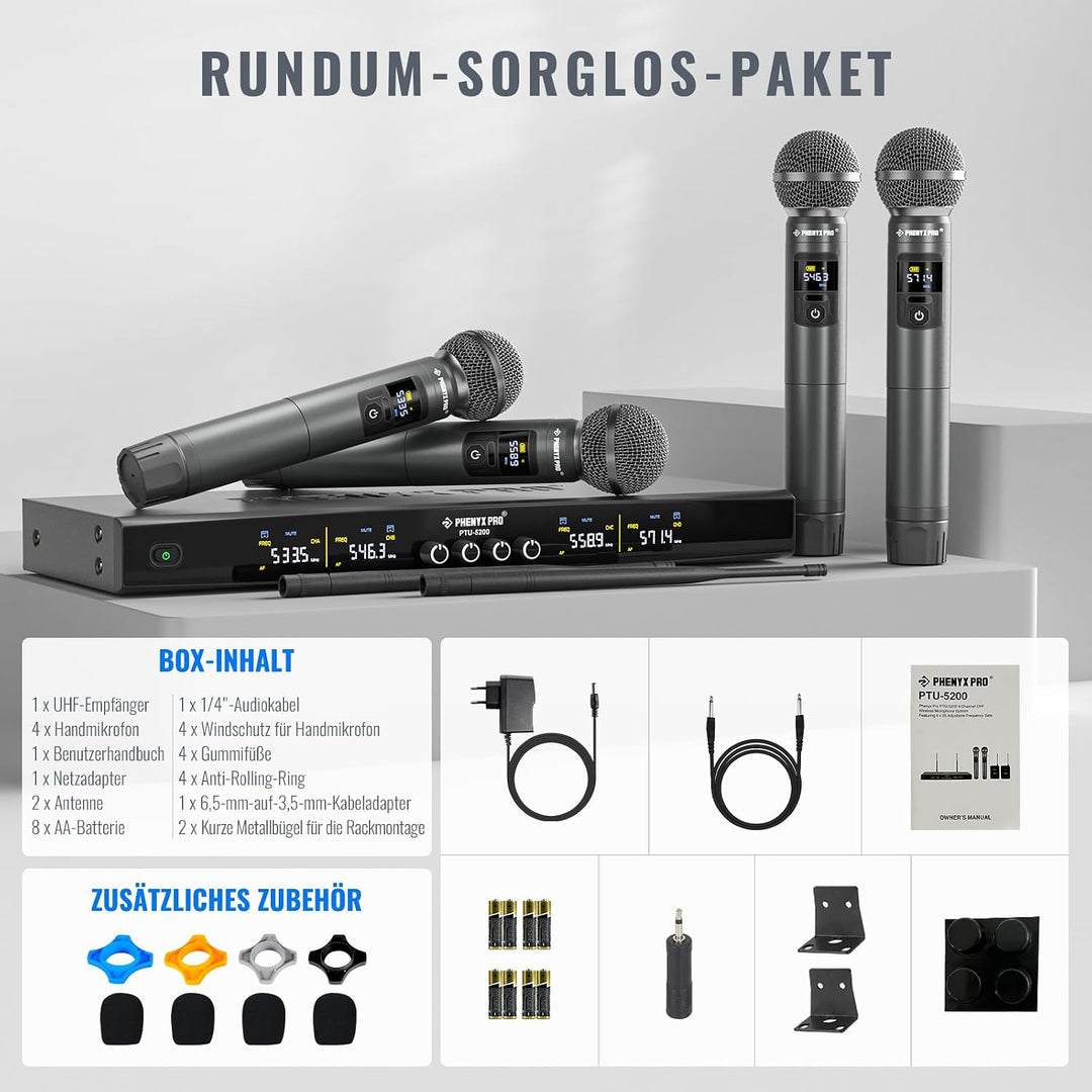 Phenyx Pro Wireless Mikrofon Set mit 4 Funkmikrofonen, 4x25 einstellbare UHF-Frequenzen, 200ft Reich