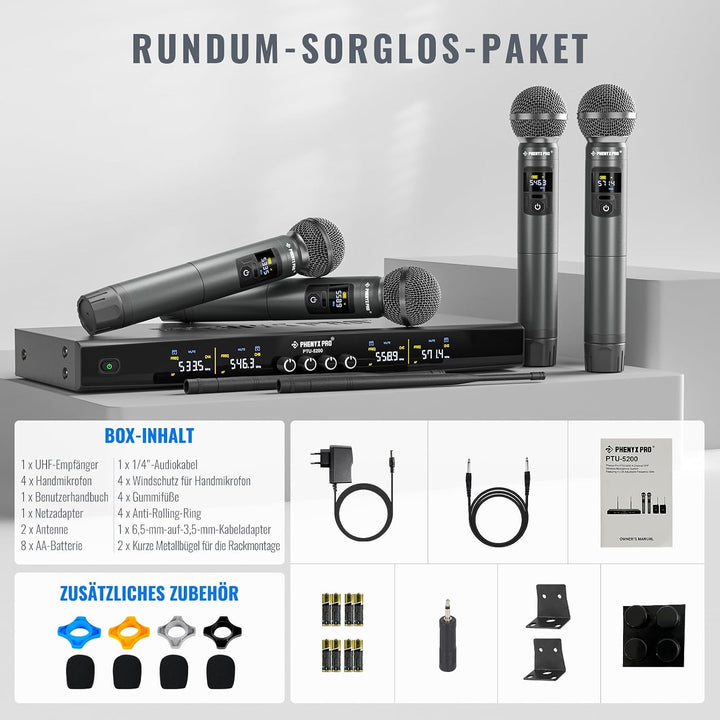 Phenyx Pro Wireless Mikrofon Set mit 4 Funkmikrofonen, 4x25 einstellbare UHF-Frequenzen, 200ft Reich