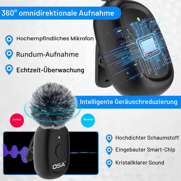 OSA 3 in 1 lavalier mikrofon für Kamera,IOS,Android,und Laptop, 2.4G Ultra Low Delay 8H Lange Arbeit