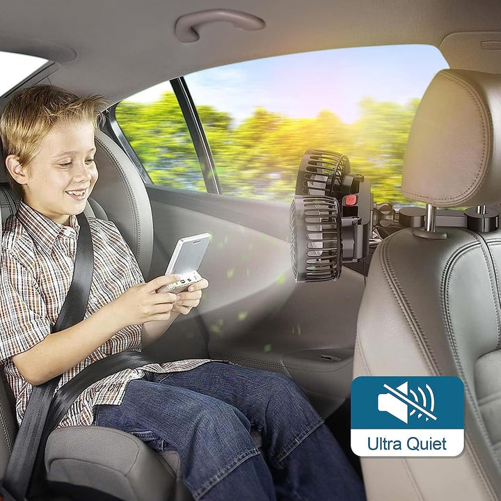 Doppelkopf 12V Auto Ventilator,Tragbare 360 °Drehbarer Auto Fan,Auto Ventilator für Rücksitz,Auto-Kü