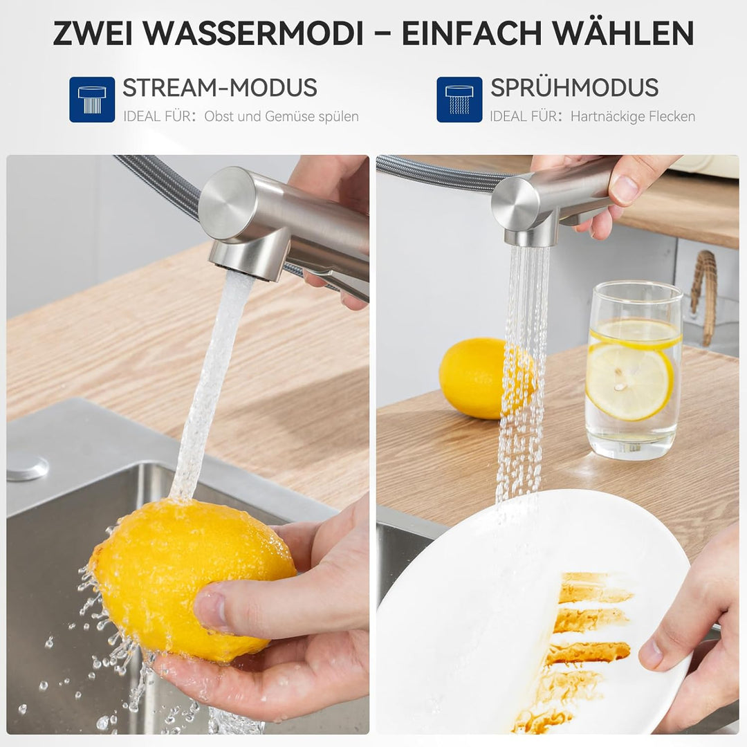CECIPA Hochdruck Wasserhahn Küche Ausziehbar, Küchenarmatur mit Brause Zwei Wasserstrahlarten, Einhe