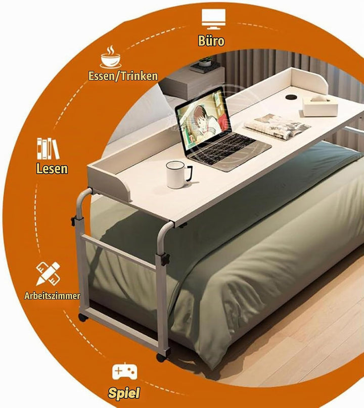Über-Betttisch auf 4 Rollen Abschliessbar, Mobiler Schreibtisch Pflegetisch Laptoptisch Bettbeistell