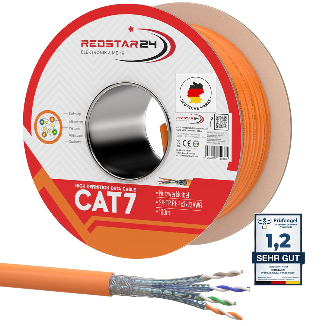 RedStar24 CAT 7 Verlegekabel 100m Netzwerkkabel Datenkabel LAN CAT7 Kabel Kupfer Installationskabel