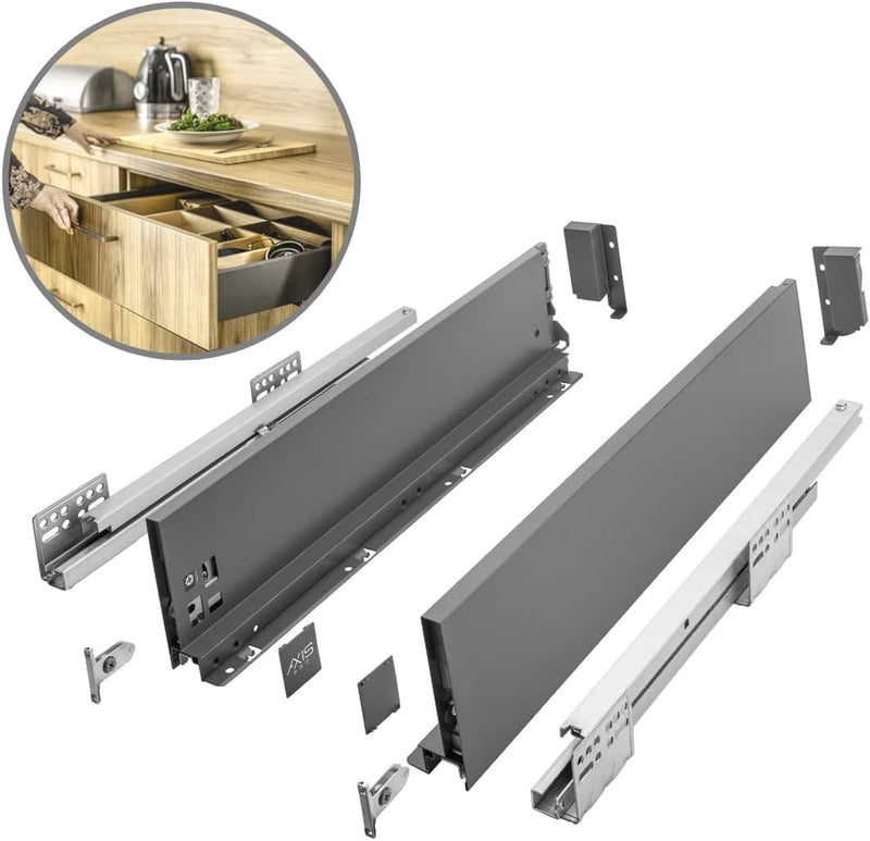 GTV Schubladensystem AXIS PRO I Schubkastengarnitur mit Vollauszug und integriete Dämpfung I Anthraz